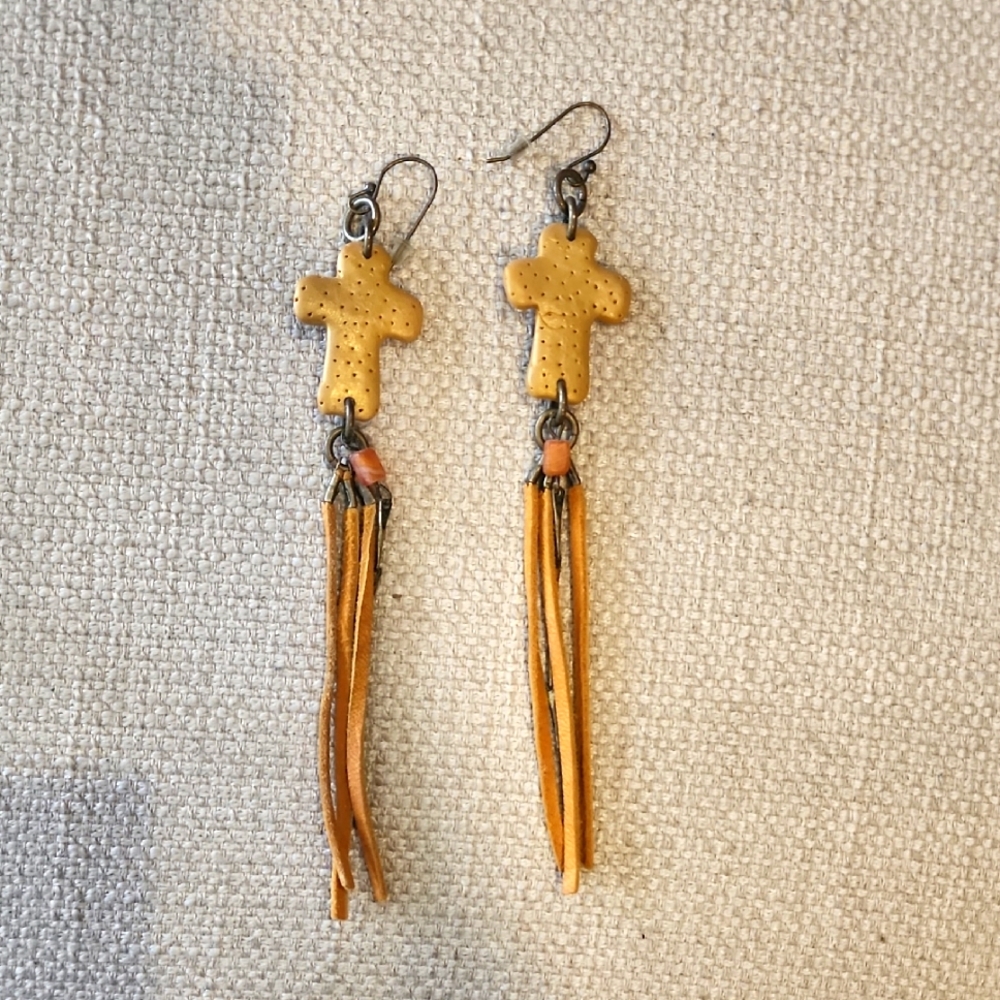 Leather Cross Dangle Earrings